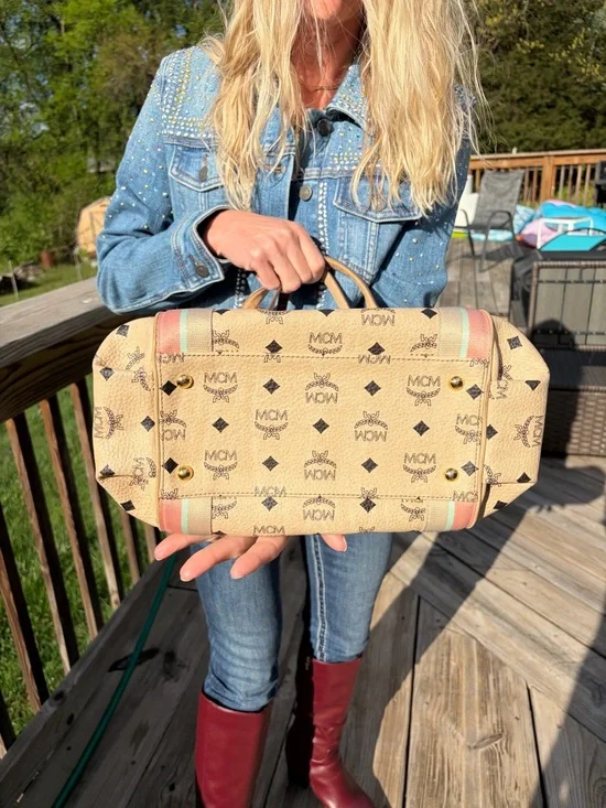 MCM Beige/Pale Pink Monogram Canvas Tote with Striped Trim - Picture 7 of 12